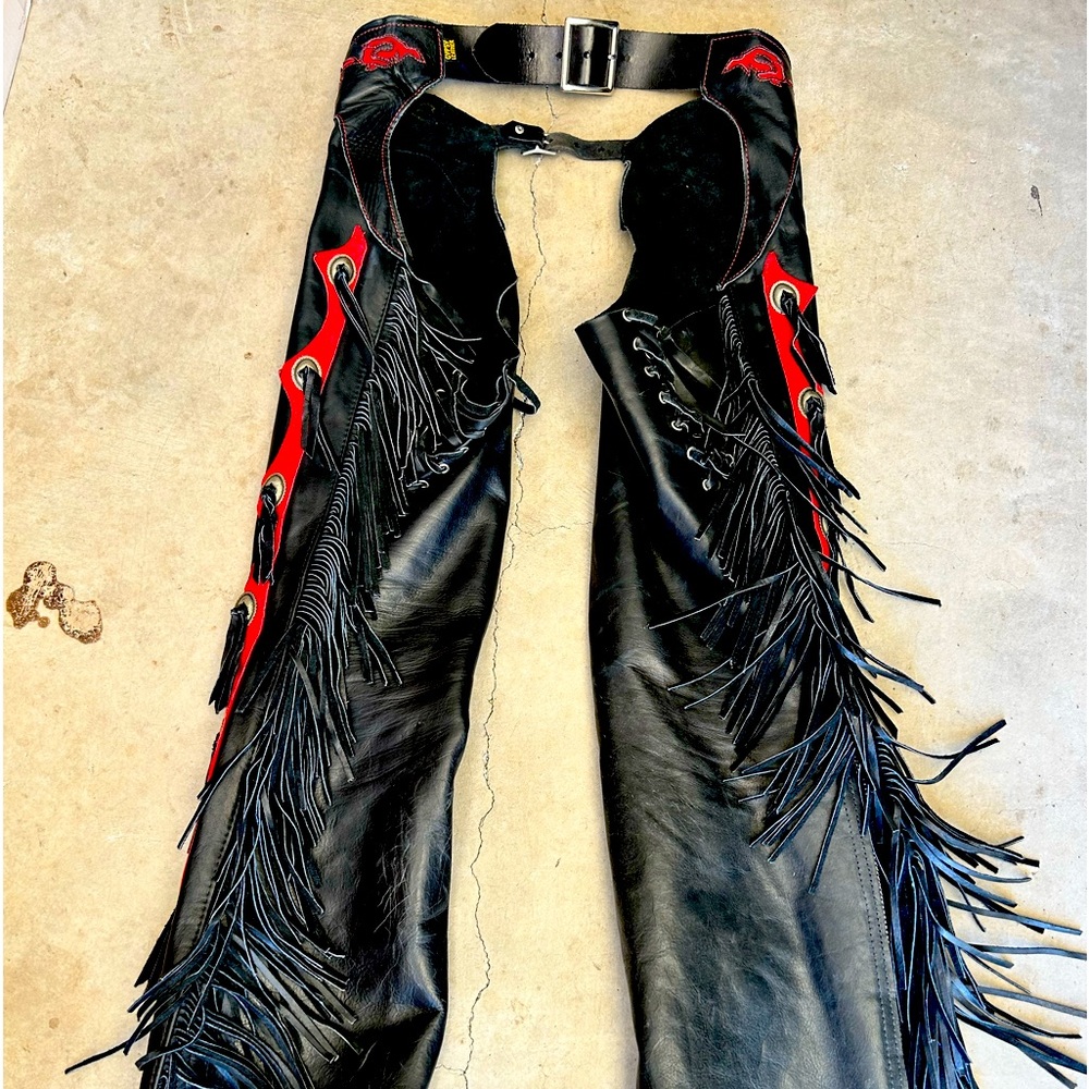 Black Leather Chaps with Red Roses and Fringe SZ M